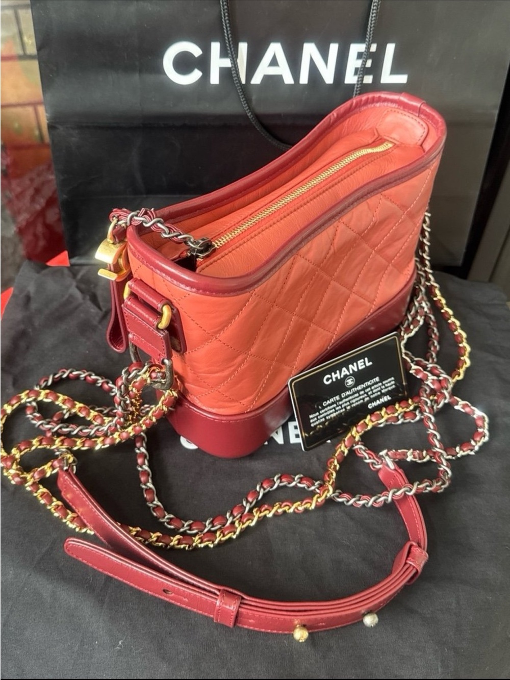 CHANEL Red Quilted Leather Crossbody with CC Charm and Chain Strap - Picture 9 of 13